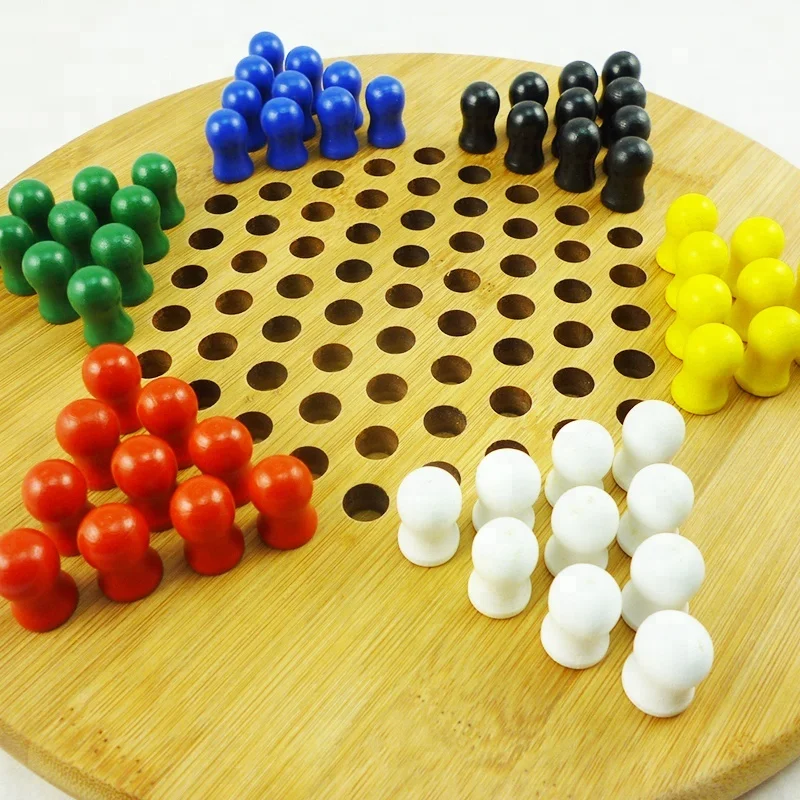 Wholesale wooden hexagonal International colorful piece jumping chess kid puzzle board game set