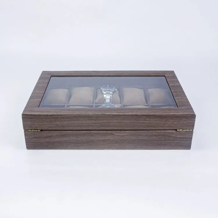 High-Grade Wrap Wooden Texture PU Leather Watch Box With Glass Window 10  Slots Watches Storage Cases