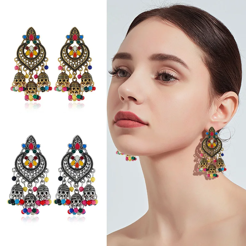 MINHIN Indian Oxidized Silver Beads Chandelier Silver Polki Jhumki Jhumka Earrings