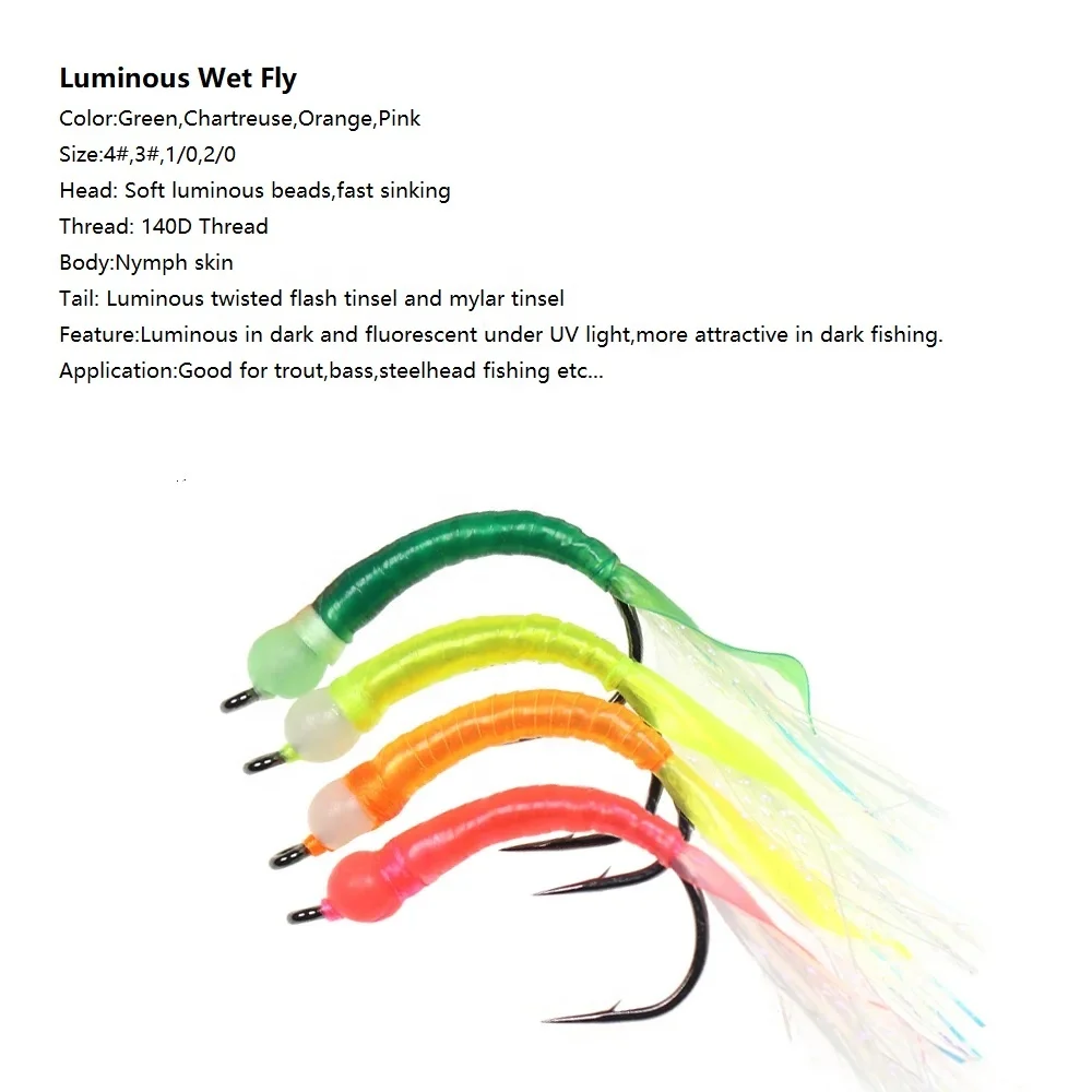 Luminous Bead Head Wet Fly Fishing Flies worm hook Twisted Flash Tinsel Maylar Tinsel Tail For Bass Trout Sea Fishing Lure Bait