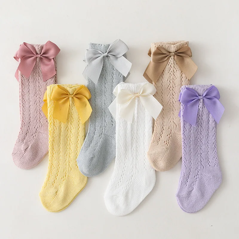 0-7 Years Candy Colors Summer Toddlers Baby Sock Soft Breathable Cotton Hollow Out Kids Girls Knee High Tube Mesh Socks With Bow