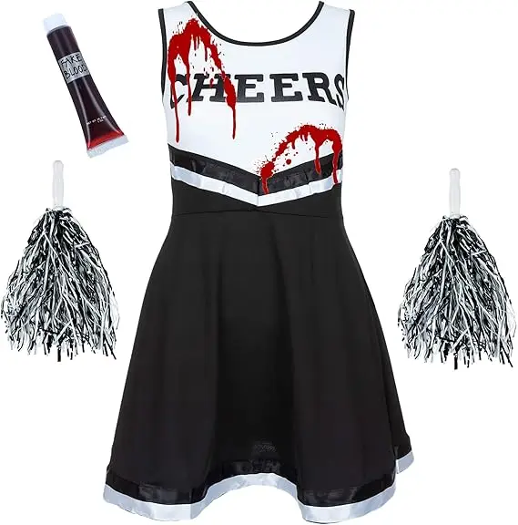 Girls Zombie Cheerleader Costume for Girls with Pom Poms Blood and Bloody Dead Kids Outfit Halloween Costumes