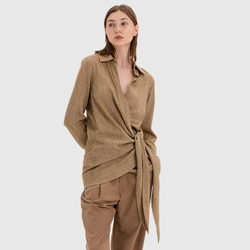 Wholesale customized lapel collar front waist twist tie loose blouses long sleeve linen shirts for women