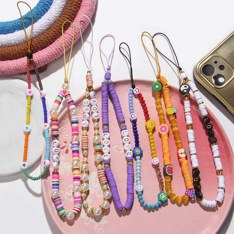 Fashion Cute Custom Colorful Cell Phone Key Chain Charm Hook Chain Strap Body Handmade Mobile Phone Bead Chain