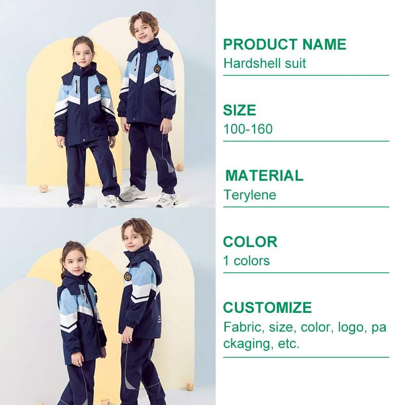 winter warm manufacture 3 pieces kids children OEM pants windbreaker waterproof jacket  blue school uniform suit for boys girls
