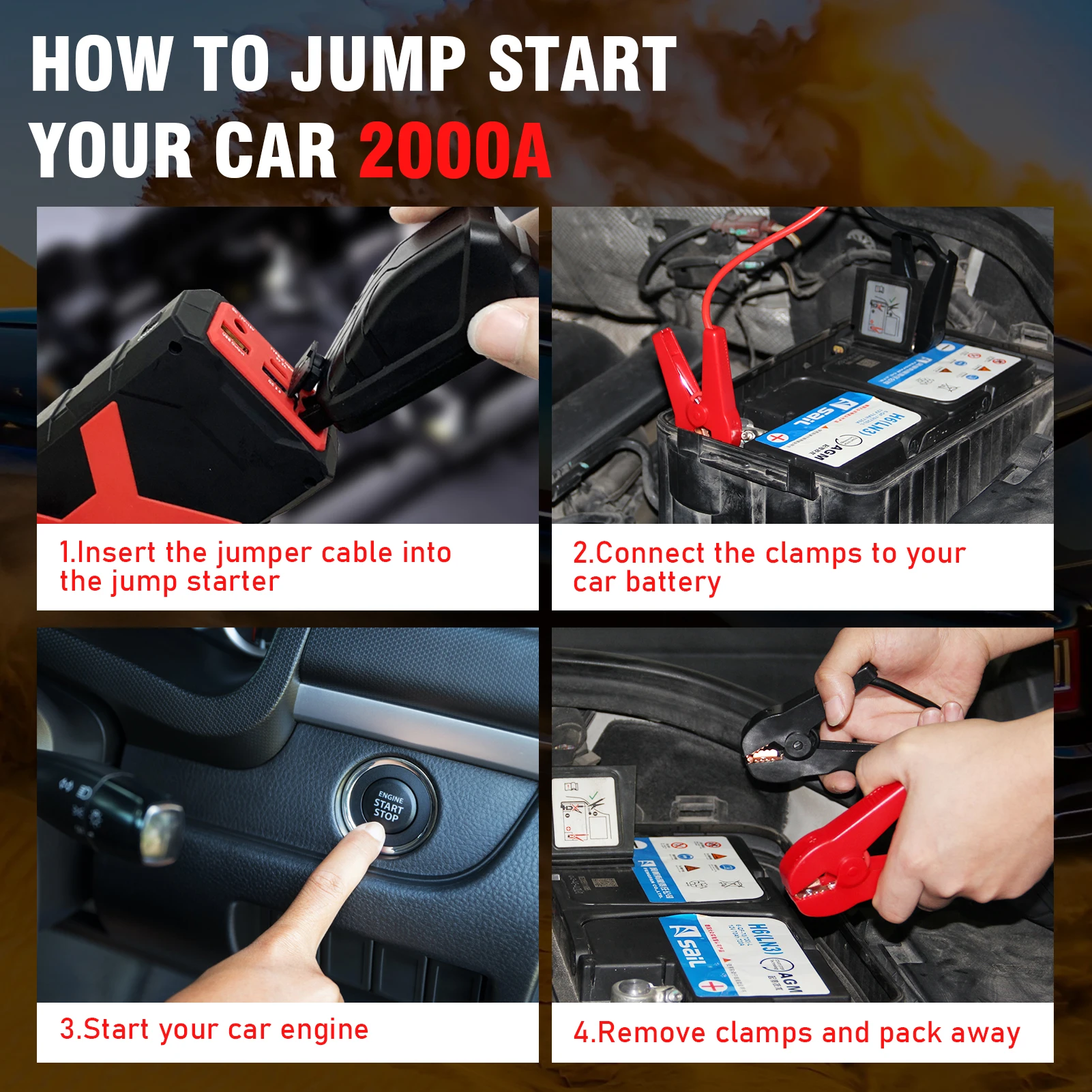 Car jump starter cable for car Peak car jump starter with 20000mah 12V DC for 7.2L Gas or 8.0L Diesel A
