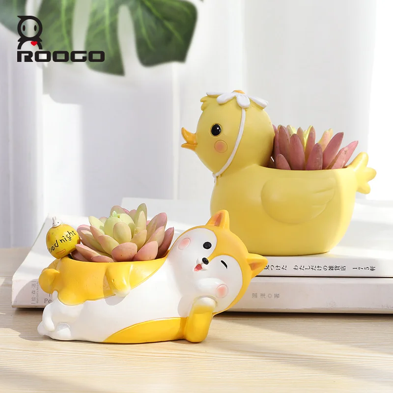 Roogo flower and plant bonsai the lazy time lovely animal polyresin desktop decor flower pots