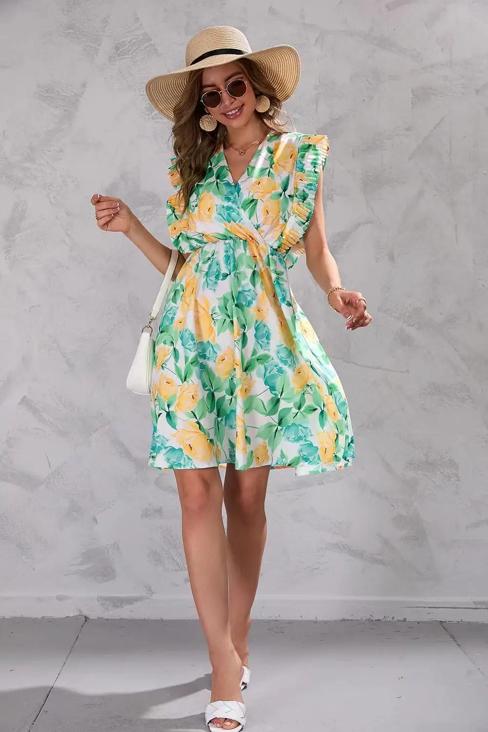 Casual Designer Women Summer Pattern Print V-Neck Tuning Mid Skirt Sleeveless Girls Dress Lady Ropa