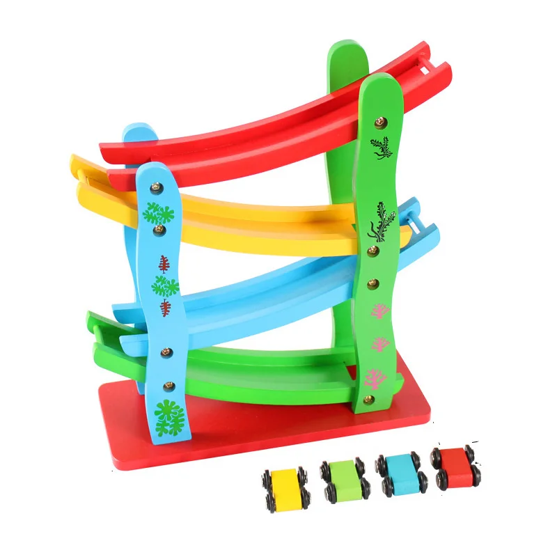 Amazon hot selling wooden mini car cartoon style slide rail toy