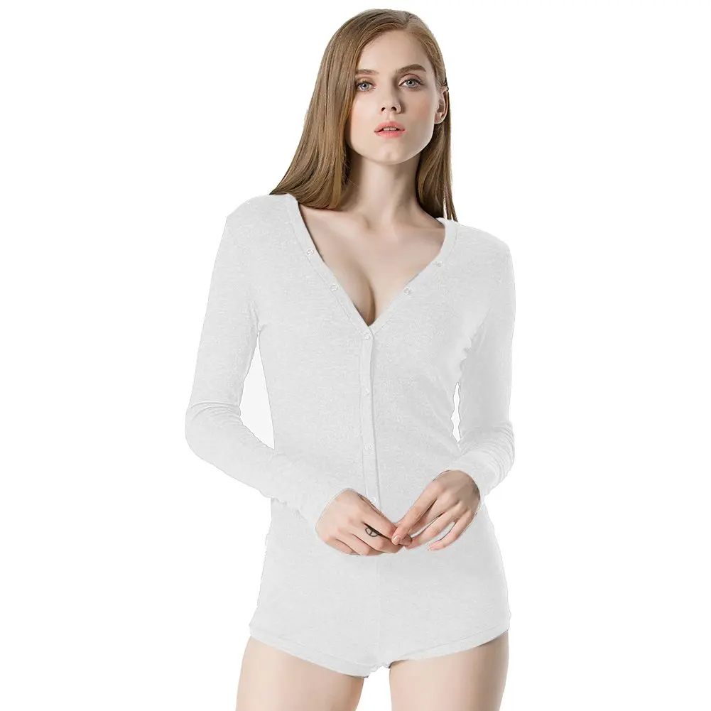 Wholesale Custom Solid Color Plain Adult Onesie Long Sleeve Shorts V Neck One Piece Bodysuit Bodycon Rompers Overall