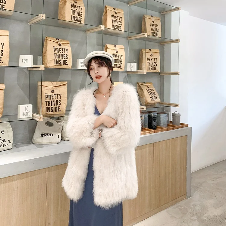 YR1096 New Arrival Plus Size Coats Women Winter Fluffy Knitted Jacket Natural Real White Fox Fur Coat