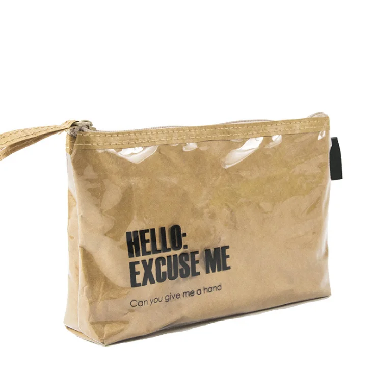 Custom Washable Kraft Paper Cosmetic Bag Waterproof Travel Cosmetic Pouch Tyvek Makeup Zipper Cosmetic Bag