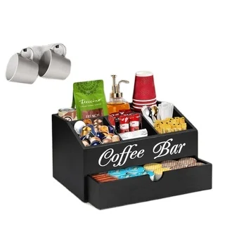 Wholesale quality wooden coffee storage rack with drawer countertop coffee bar tea bag storage black wooden storage box
