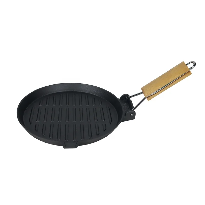 Gas Stove Top Grilling Pan Camping Cast Iron Grill pan with Folding Wooden Handle