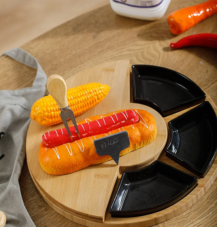 Eco friendly customizable logos small rotating wood bamboo round cheese board tray swivel with knives