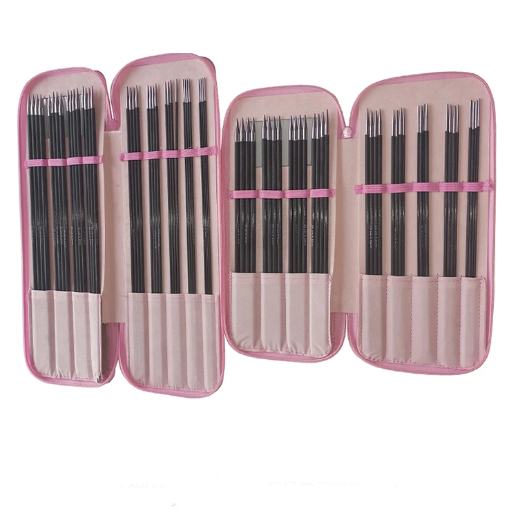 Good price copper and carbon fiber sewing tools smooth handle all kinds of size pink PU bag pack knitting needles sets