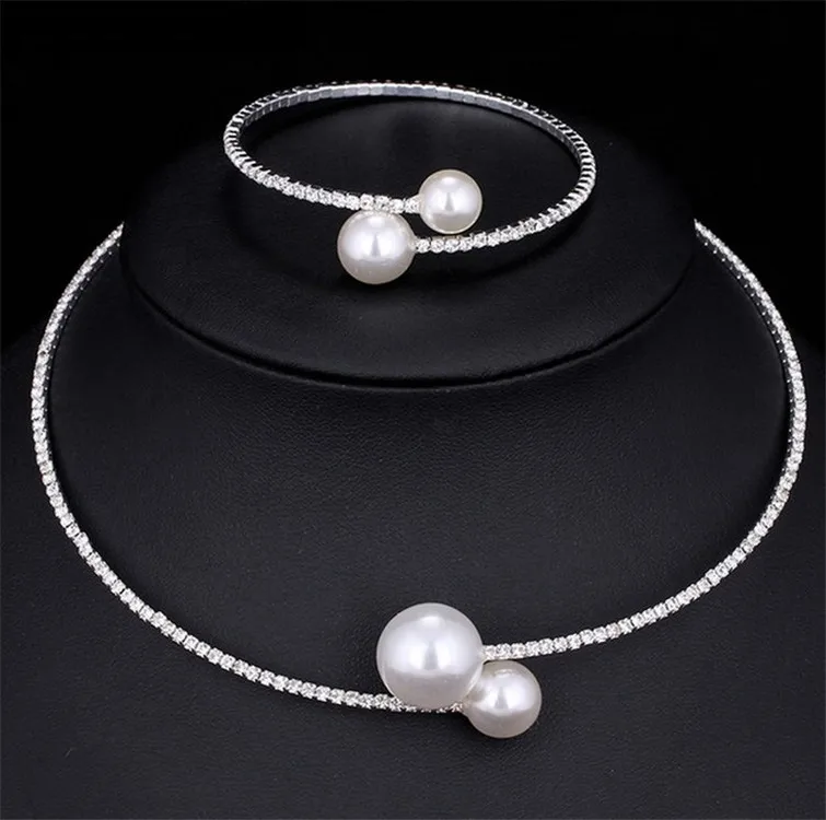 women lady Fashion Wristband Adjustable Size Shiny Open White Pearl Pendent Necklace Jewelry Bracelets Bangles Set Girl Set