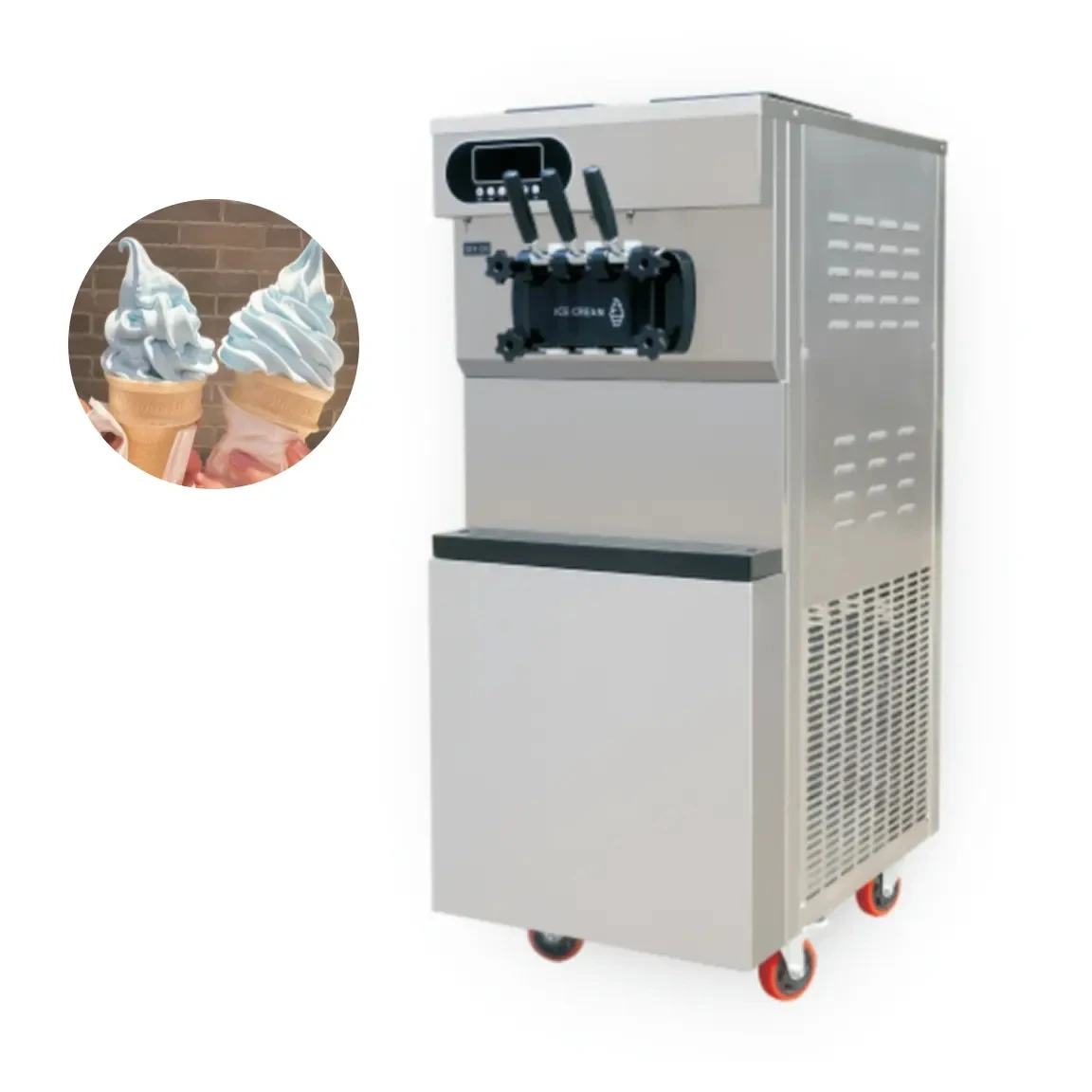 Новый дизайн оптовой 220v/50hz 35l/h 28l/h 3 вкуса нержавеющей стали коммерческих мягкой подачи мороженого машина с колесами
