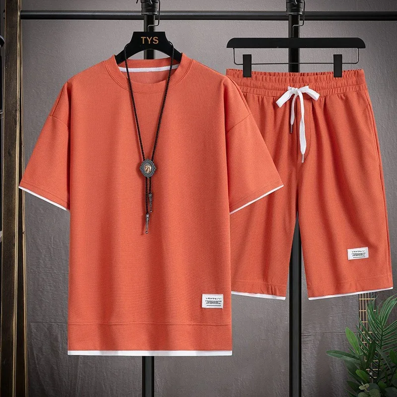 Liu Ming Hot Products 2025 Custom Logo Summer Men s Waffle Sets Casual T Shirt Tracksuit Loose Sports Shorts Suits