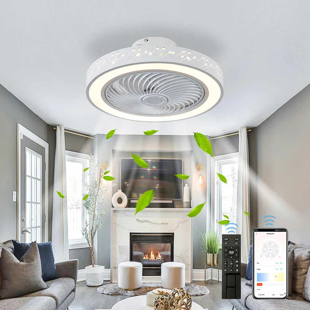 Modern Smart Ceiling Fan With Light Remote Control LED Dimmable 6 Speeds Timer Flush Mount Enclose Fans Lamp 50W Cool