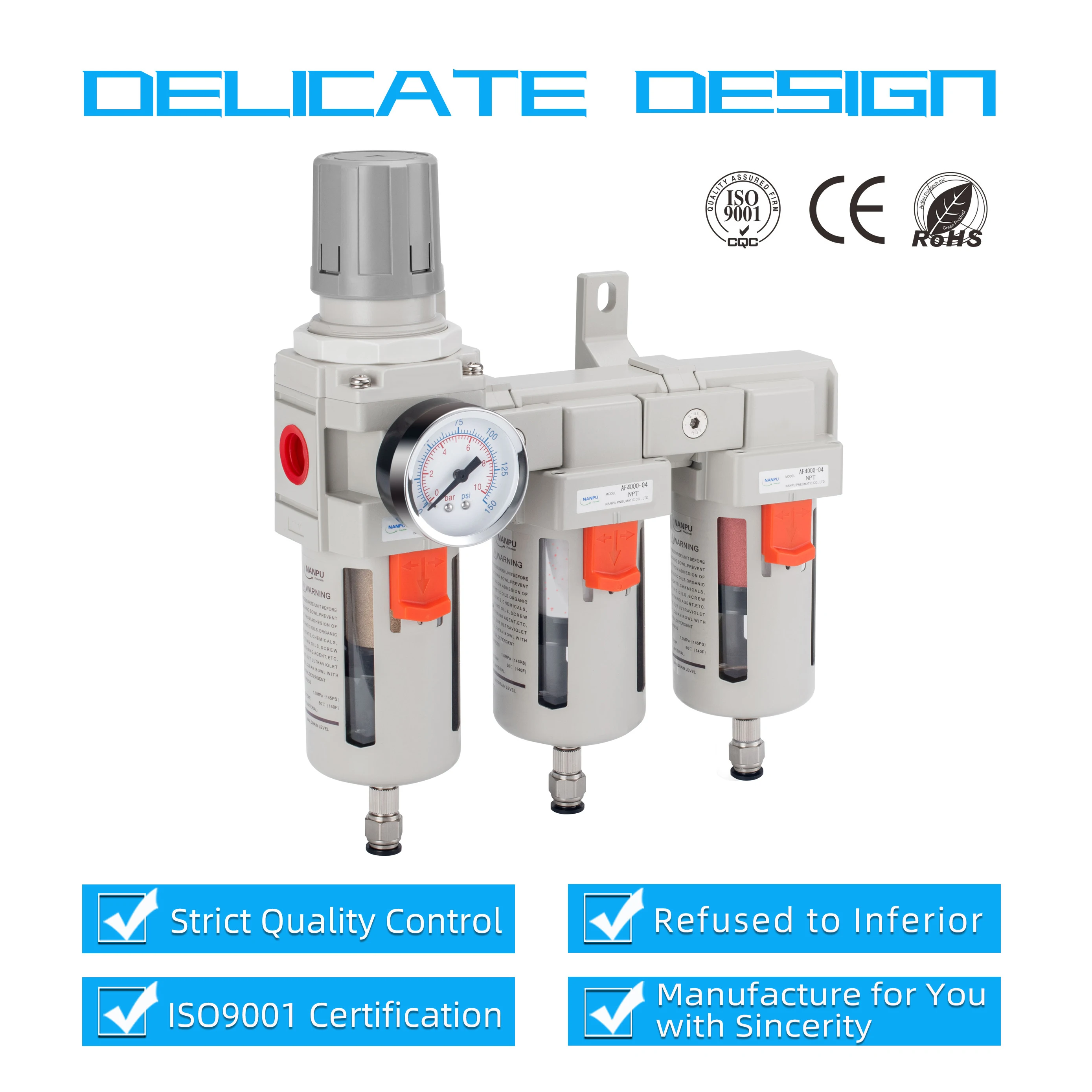 NANPU Three Stage Air Treatment Unit - 5 Micron Particulate Filter, 0.5-0.01 Micron Coalescing Filters, Air Pressure Regulator