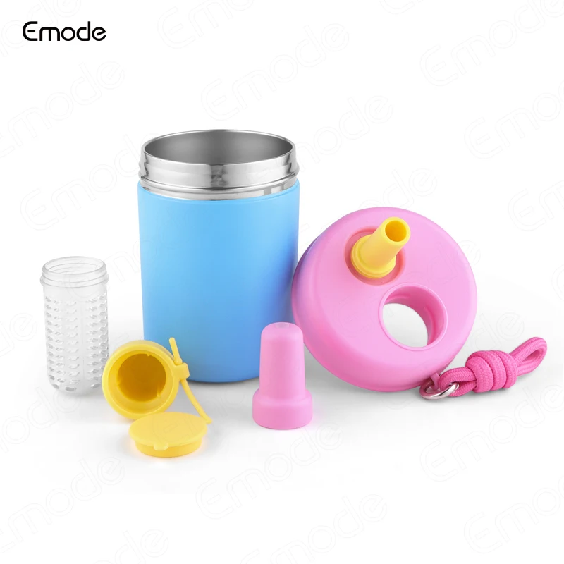 Emode 12oz Stainless Steel Double Wall Insulated Travel Coffee Cup Mug with Straw,Kids Insulated Tumbler with Spill-proof Straw