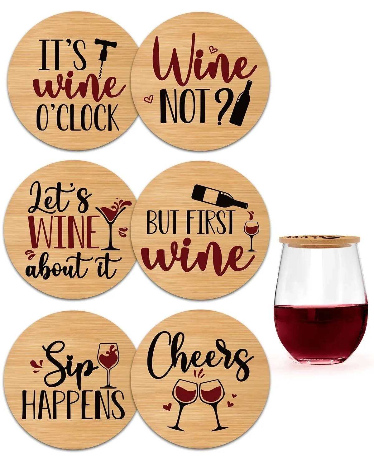 Multi Functional Cup Lid And Coaster Dual-Purpose Cooked Food Wine Cup Lid, Red Wine Cup Board, Bamboo Wooden Cup Lid