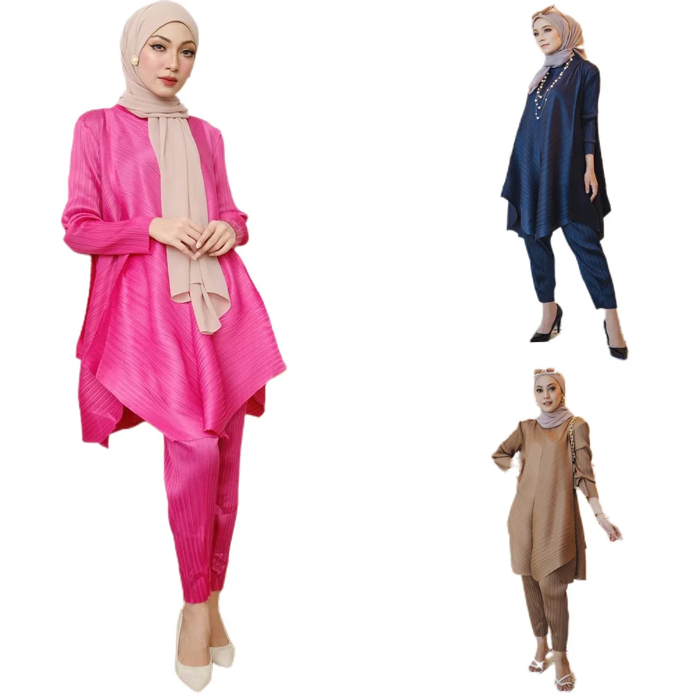 Muslim Women Clothes Miyake Elegant Blouse Top Matching Sets Loose Pencil Pants Office Two Piece Sets Suit pleated