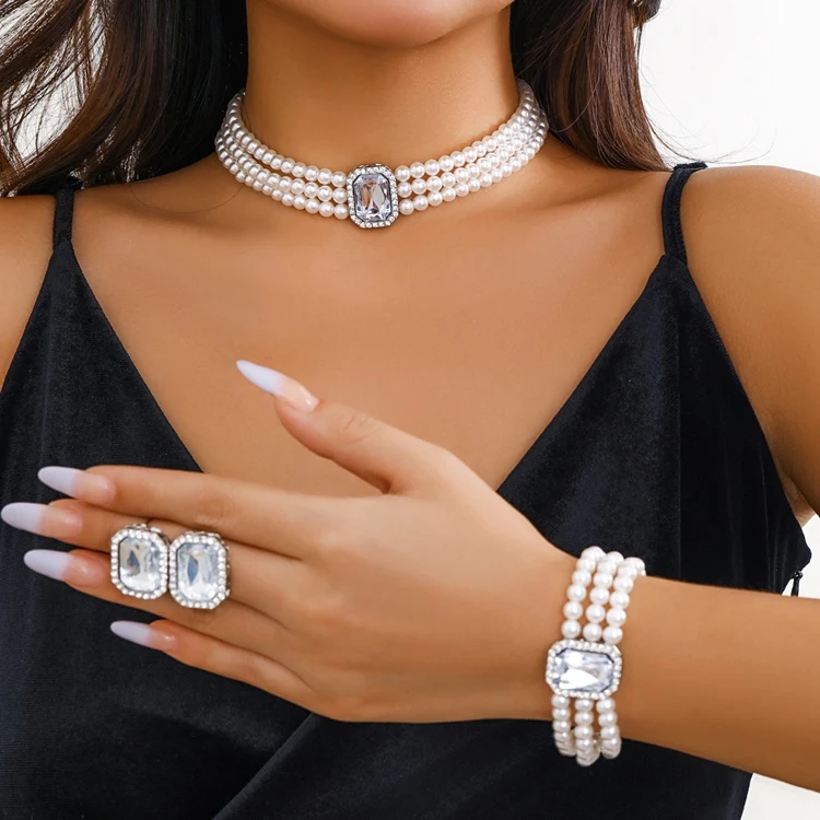 XR-166 Fashion Women Ear Hand Neck Jewelry  Bracelet Earrings And Necklace Crystal Diamond Pearl Jewelry Kit