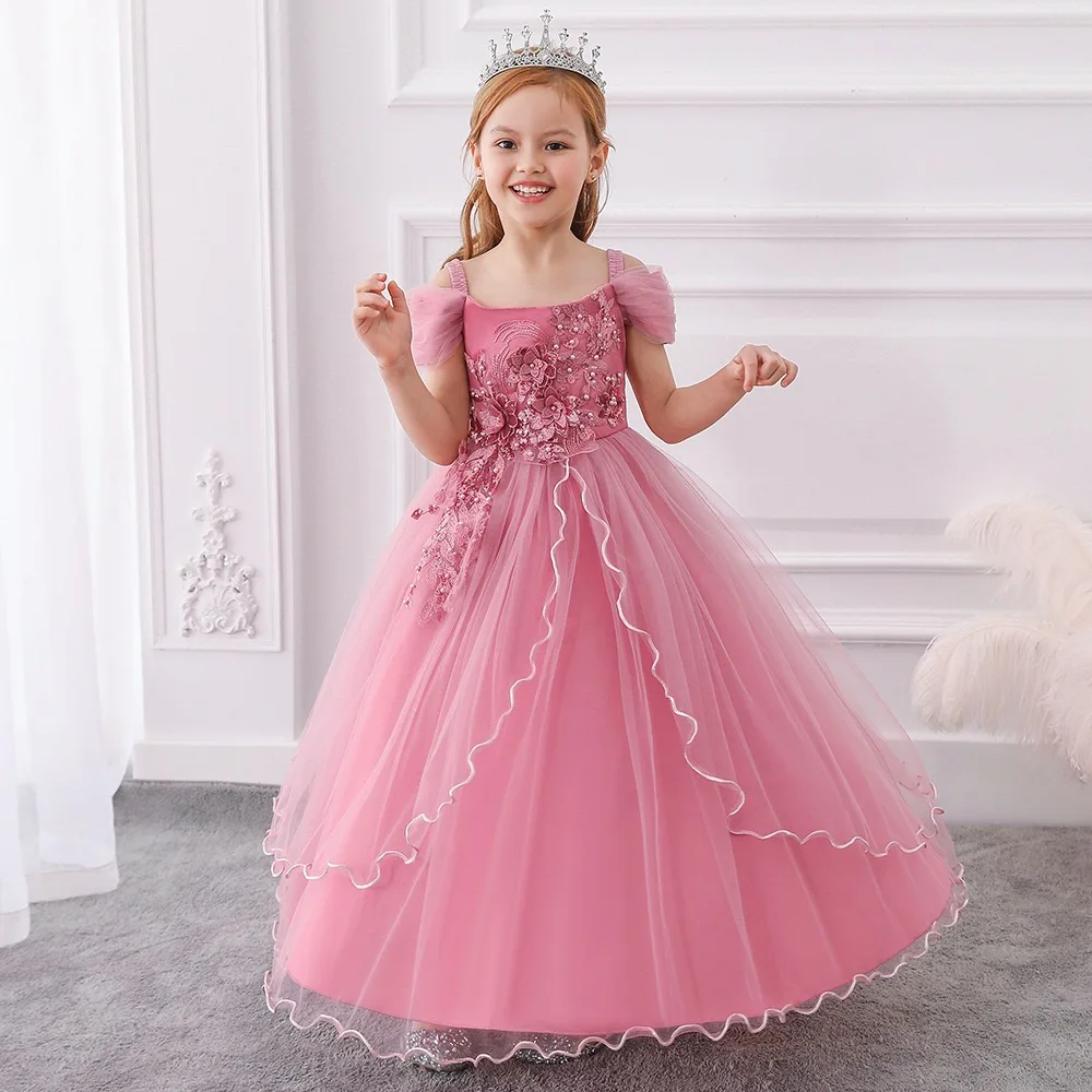 Top Sales Embroidery Puffy Sleeve Tulle Pink Baby Clothing Sets Girls Wedding Dresses Kids Princess Party Ball Gown Long Frock