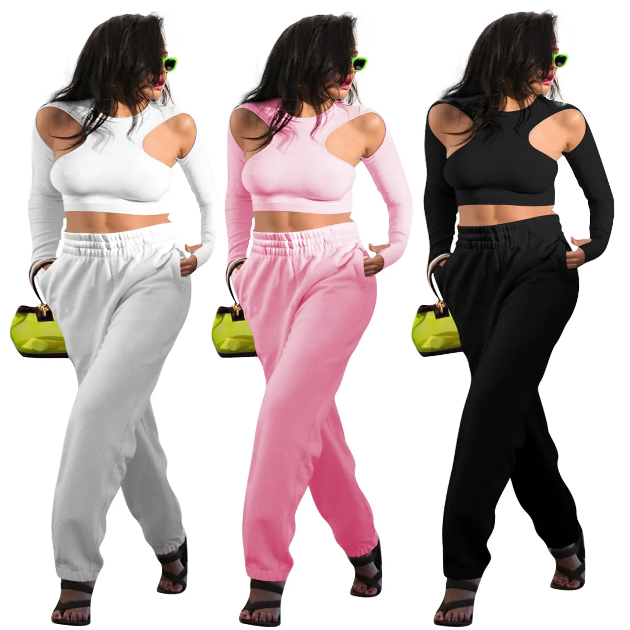 Solid Color Young Lady Street Sexy Tops Women Clothing New Sports And Legging Leisure Hollow Out Two 2 Piece Set