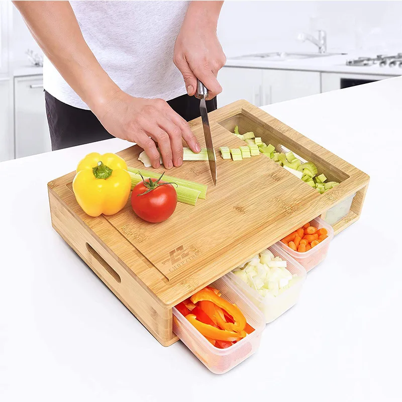Multi-functional Bamboo Cutting Board With 4 Container Tray Kitchen Wooden Chopping Board With Storage Box