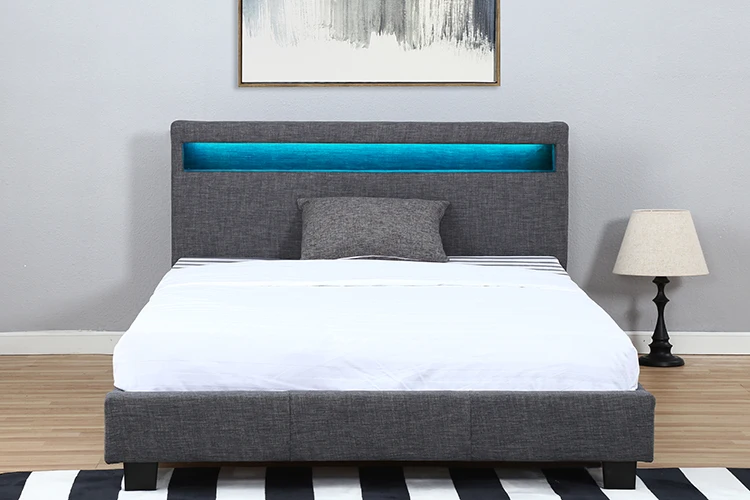 Willsoon Grey elegant cheap modern double size linen fabric bed with led light for living room
