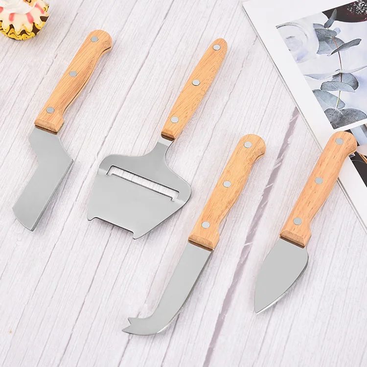 Yangjiang China Manufacturer Stainless Steel Cheese Knives Kit 4 Pieces Cheese Tools Wooden Cheese Board and Knife Set