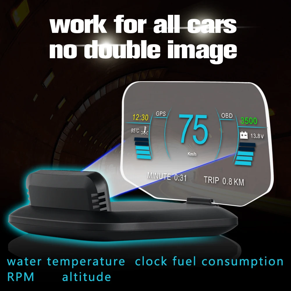 Universal Mirror HUD C1 OBD2 GPS Dual System Smart Gauge Head Up Display on Windscreen HD Projector Speedometer with Navigation