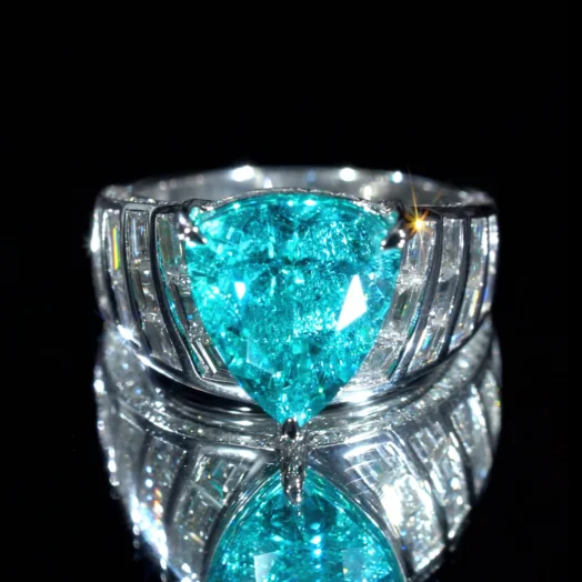 Neon Blue Labgrown Imitation Paraiba With Inclusions Trillion Cut Art-deco Ring With Step Cut and Brilliant Cut Side Stones