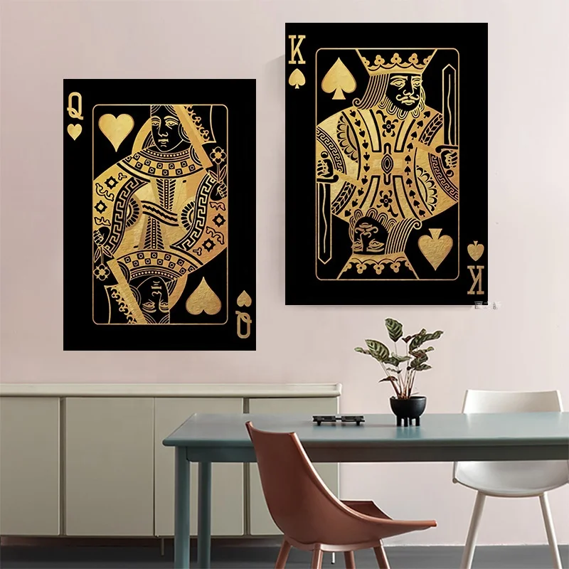Pair of Abstract Yellow Queen and King Poker Canvas Painting Nordic Posters and Playing Card Prints Wall Pictures For Living Roo