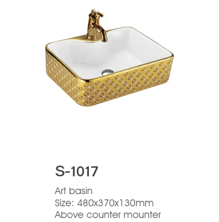 Chaozhou cheap price Luxury Black Ceramic gold-plated Lavatory Art Wash Basin Rectangle Thin Edge Bathroom vessel sink S-1007