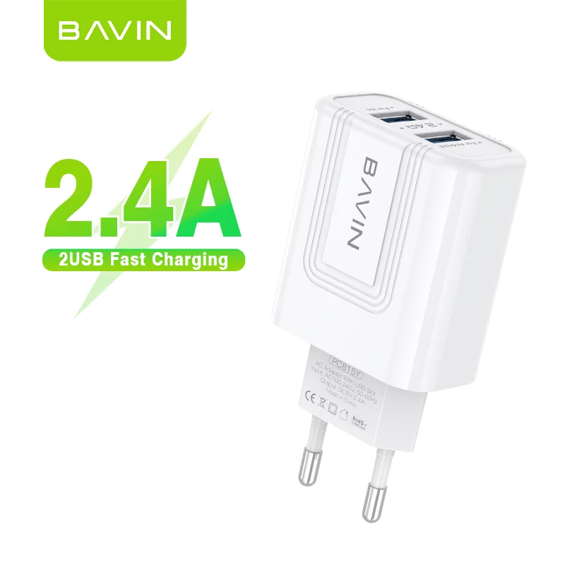 BAVIN Wholesale Price  5V 2A Custom UK US EU Plug Dual USB Port Home Use Mobile Phone Fast Charging   Wall Travel Charger PC815Y