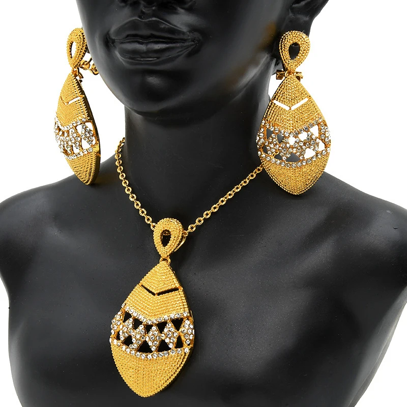 Fashion Dubai Gold Jewelry Sets Crystal Necklace Earrings Set Wedding Gift African Nigeria Jewelry for Women HWT159