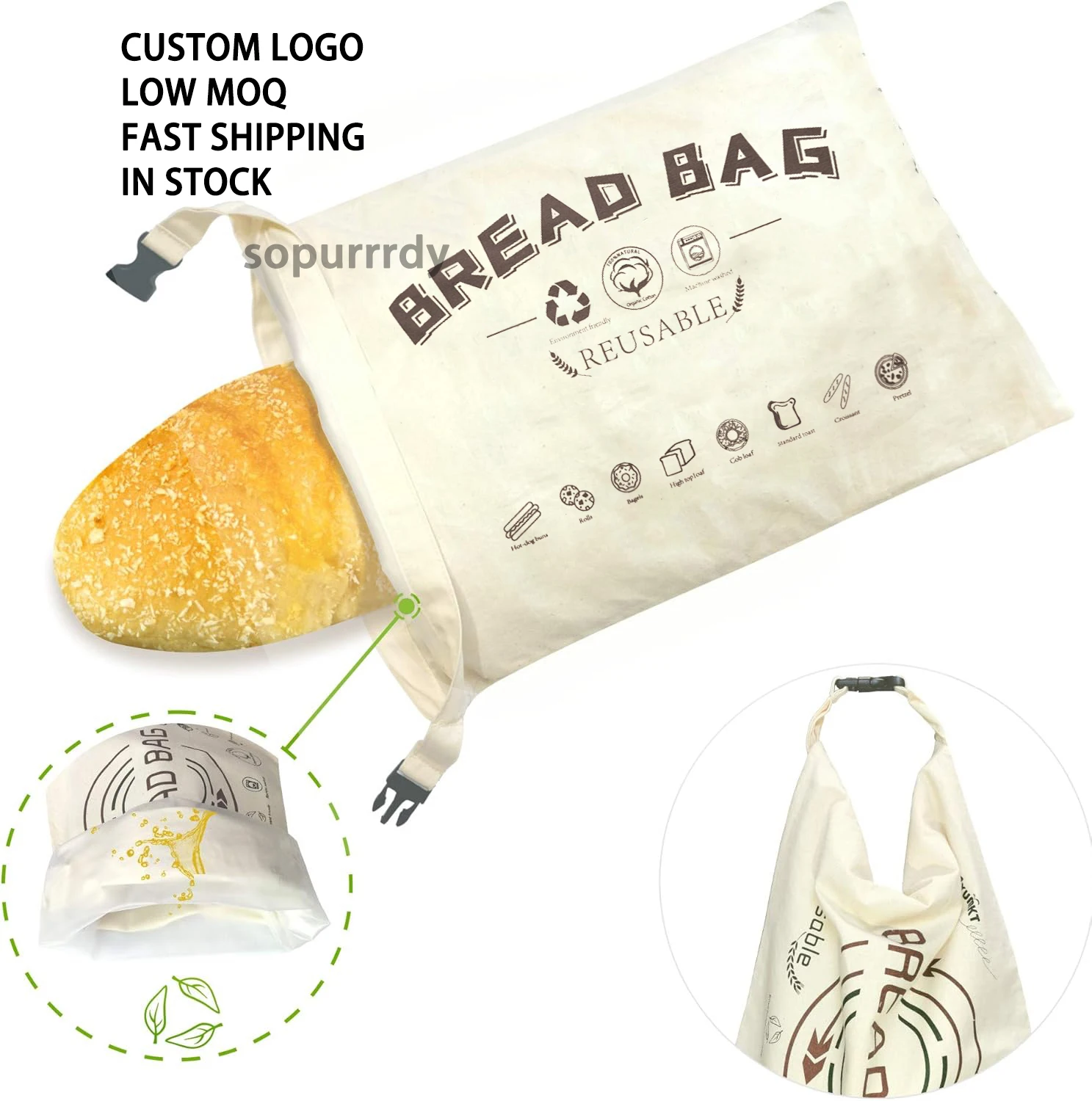 Custom Logo Bread Bags for Homemade Bread Organic Cotton Reusable Bread Bag with Fresh-keeping Linen Large Loaf Pouch