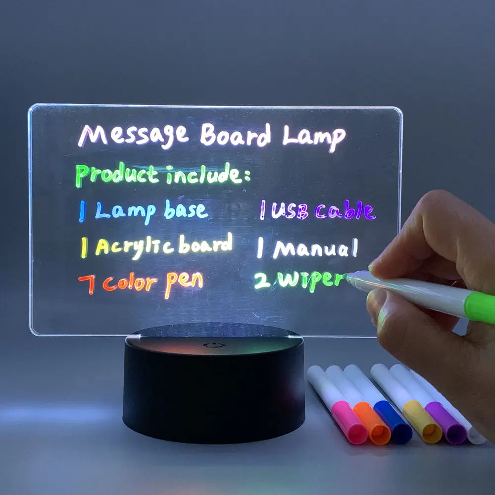 Low MOQ Custom Creative 3D LED Colorful Night Light Acrylic Note Board Usb Message Board Lamp With Pen