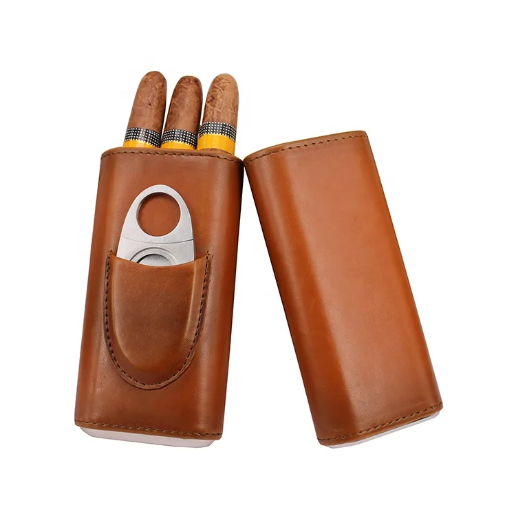 High quality  3- Finger brown leather cedar wood lined travel cigar case tube  humidor box with silver stainless steel cutter