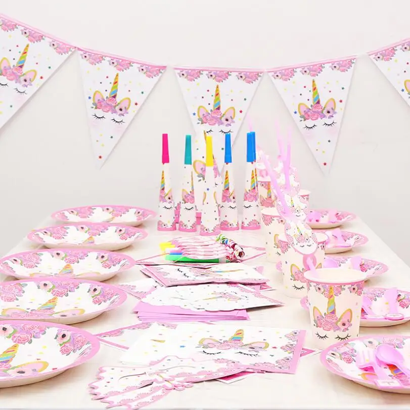 Hot sale hot pink unicorn children birthday party banner pull flag paper cup snack tray unicorn party decorations