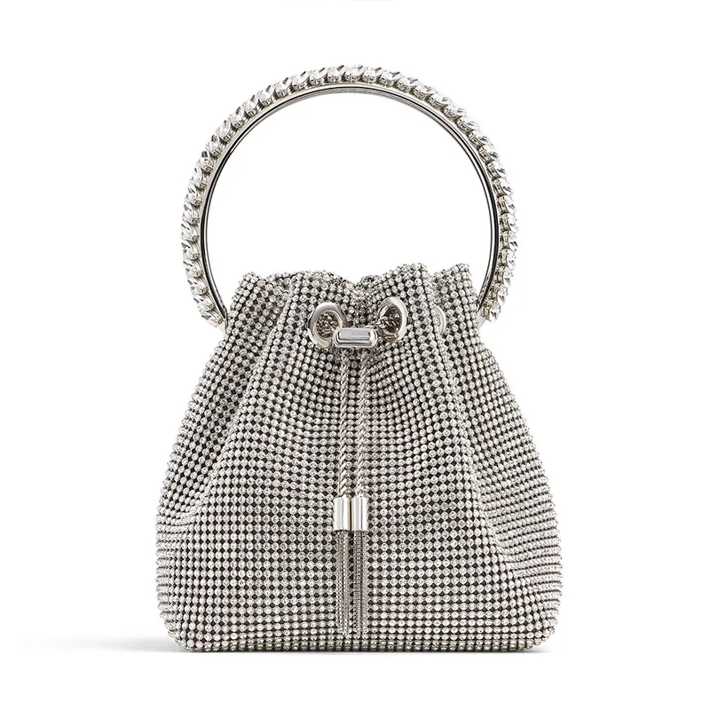 Bling Bling Crystal Clutch Purse Bucket handbag with Ring, Full diamond Drawstring Party Clutch Rhinestones Evening Bag