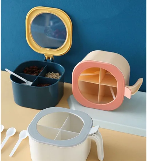 JTX346 Multi Compartment Herb Spice Jars Pots Kitchen Accessories Condiment Storage Container 4 In 1 Plastic Seasoning Box