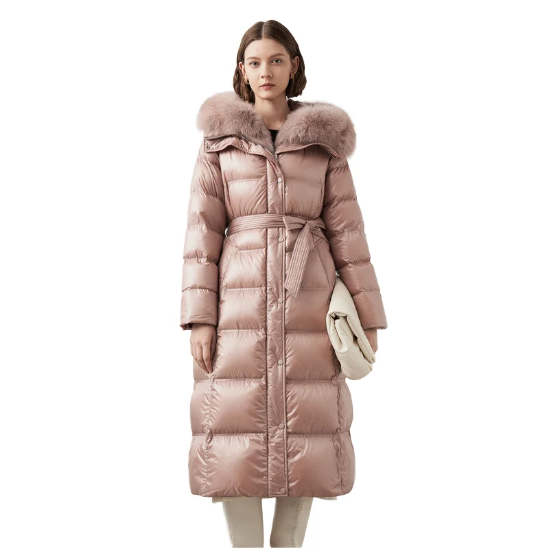 new design wholesale long down overcoats with fox fur parka custom women long puffer coat with belt winter down puffer jacket