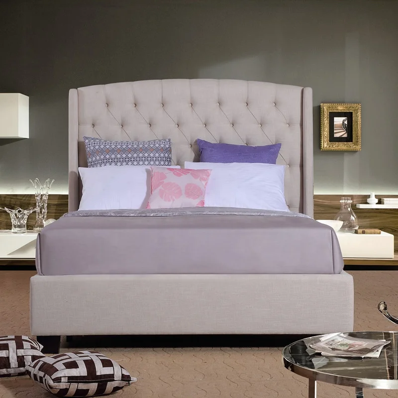 Modern Furniture Luxury Bedroom Sets Hotel Double size Solid Wood Upholstered Platform Bed Base Frame Slat Headboard