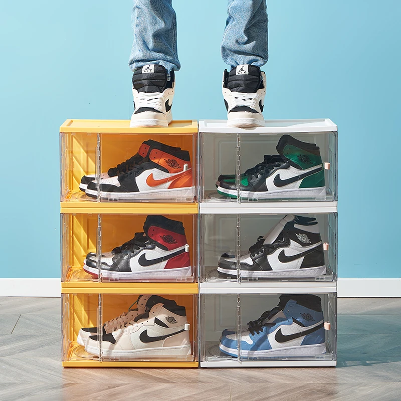 Acrylic clear giant shoe case sneaker storage box transparent stackable nike shoe boxes drop front black shoe boxes