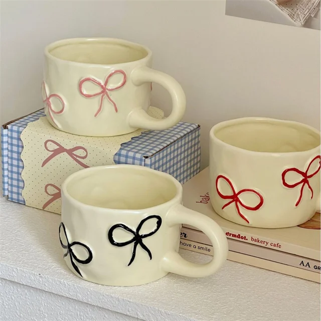 Creative Embossed Bow Ceramic Coffee Mug Large Ceramic Coffee Cups with Handle Nordic Coffee Cups for Cocoa Cappuccino Latte Tea